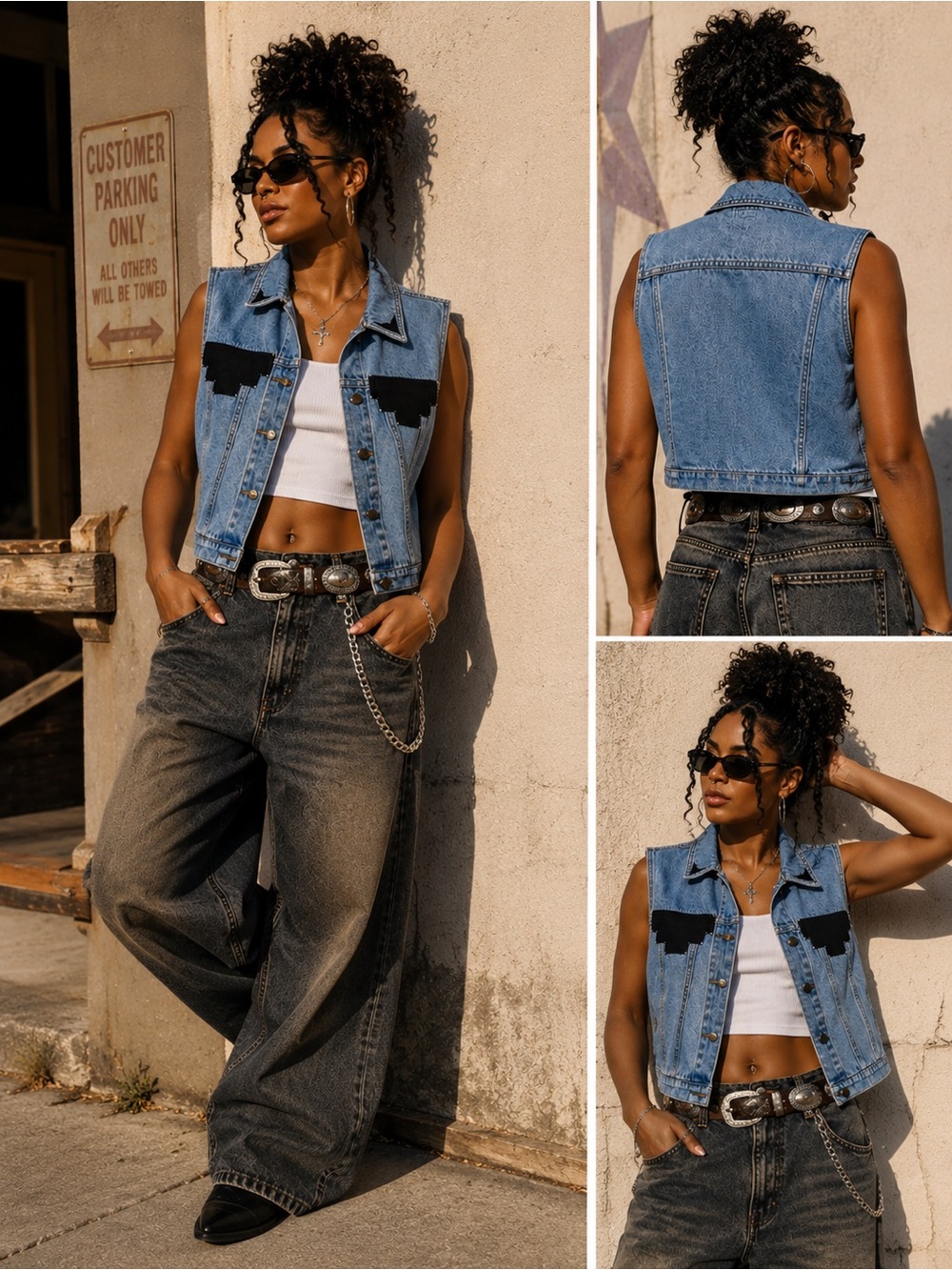 Vintage 90s Stone Bridge Denim Vest Small Western Black Patch Jean Vest